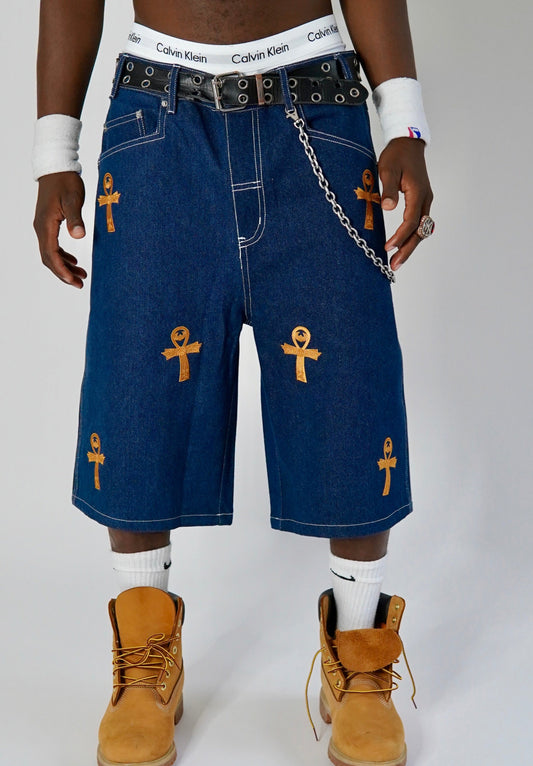 The Ankh Blue and Gold Denim Short
